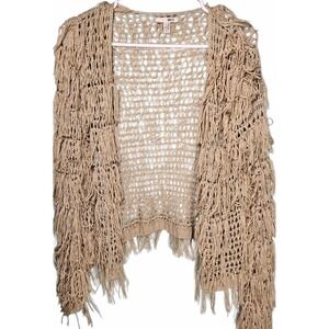 Amuse Society Women's Beige‎ Crochet Cowboy Core Western Fringe Boho Cardigan XS